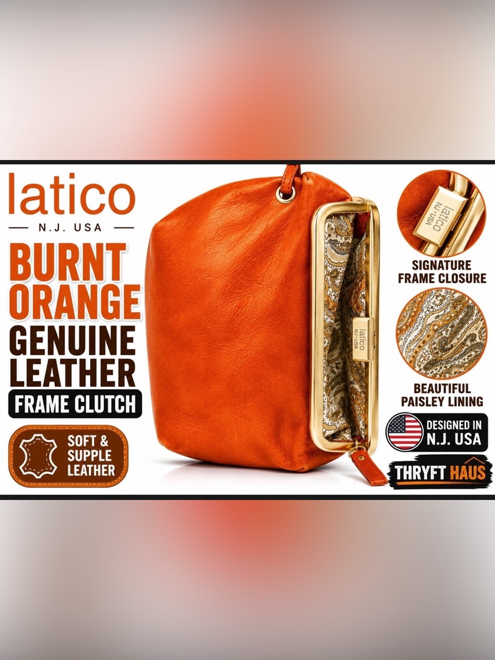 latico Burnt Orange Leather Frame Clutch with Gold Hardware